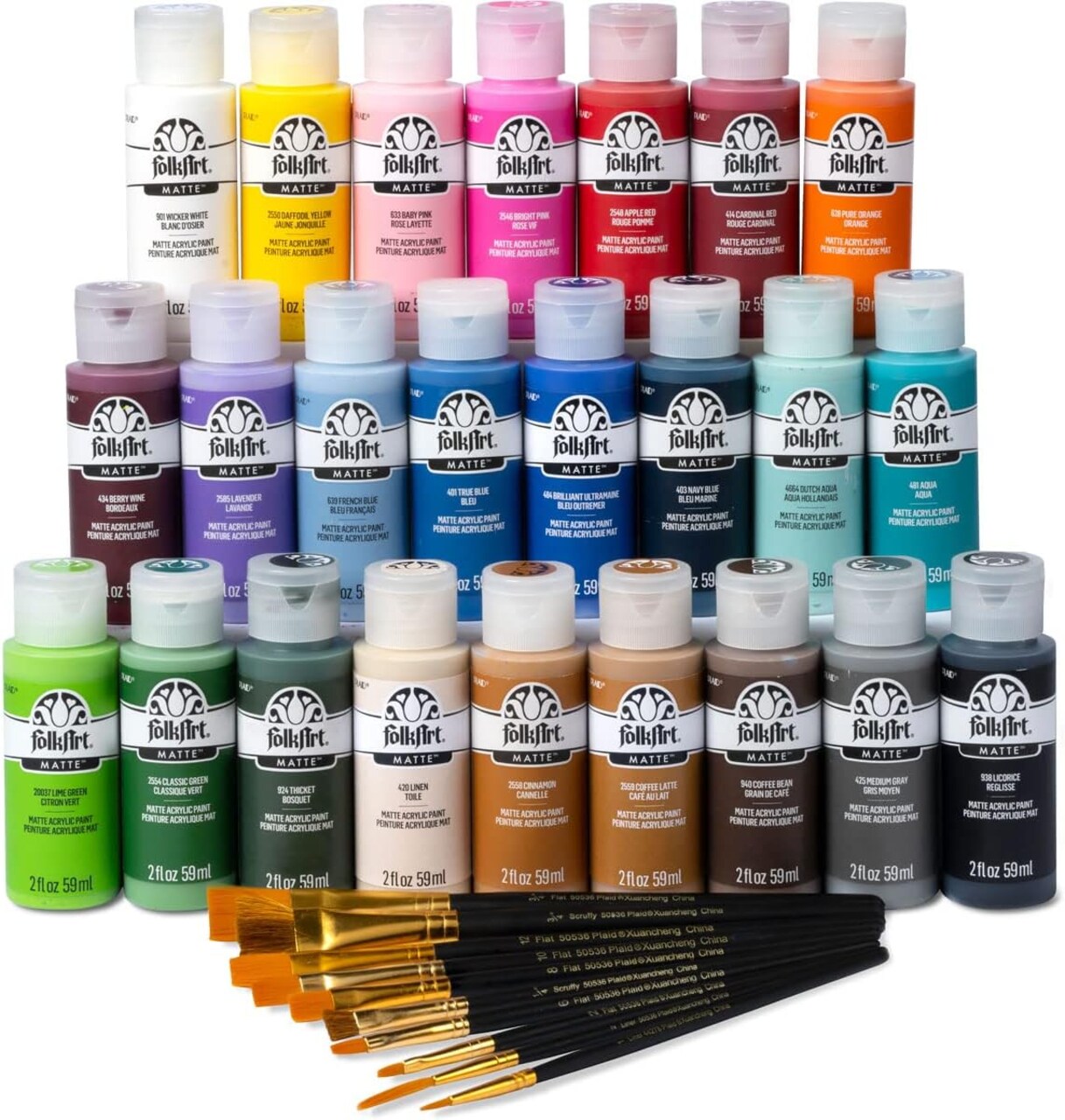 24 Bottle Acrylic Craft Paint Set with 10 Pack of Brushes, 2oz, Colors May Vary